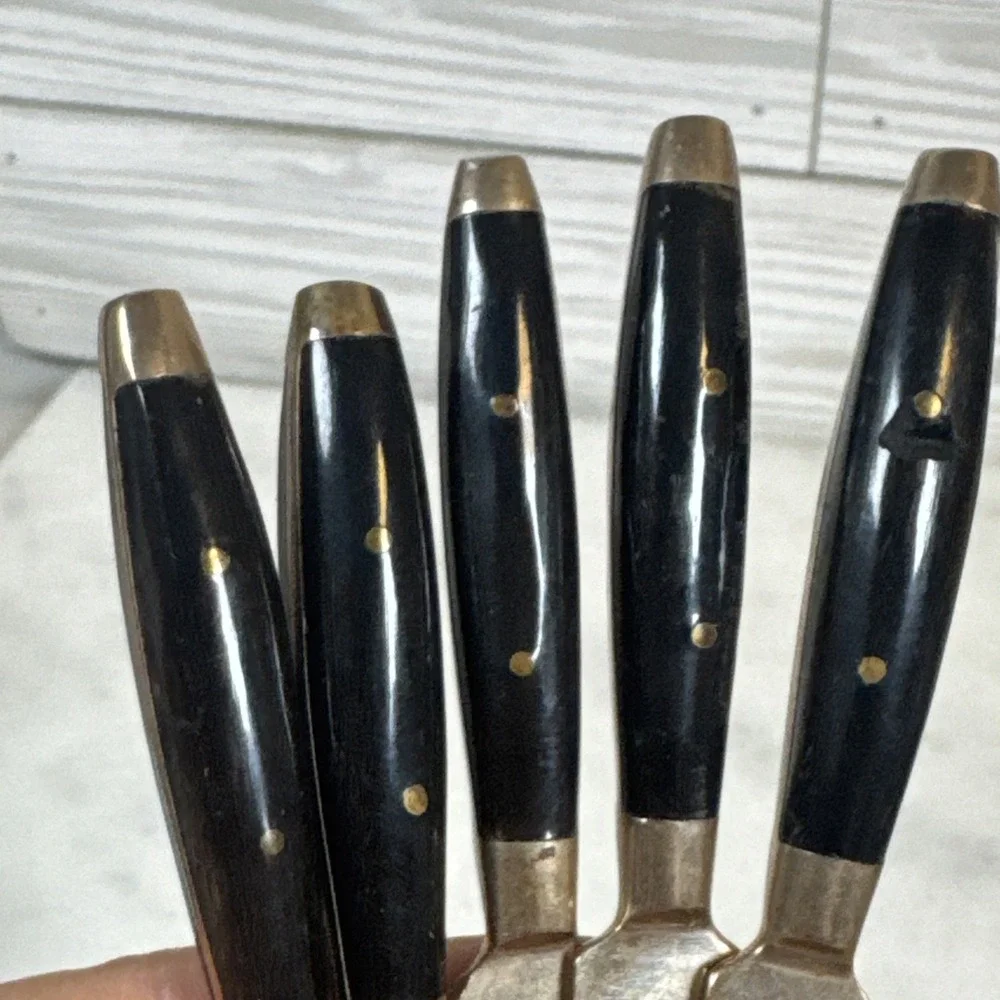 Vintage - SET of 6- Thailand BRASS & TEAKWOOD - Cocktail FORKS - 1960's